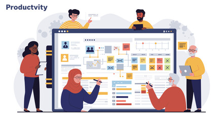 Poster - Collaborative teamwork on digital project management dashboard for enhanced productivity