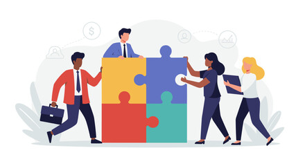 Poster - Business teamwork concept with people connecting colorful puzzle pieces for collaborative success