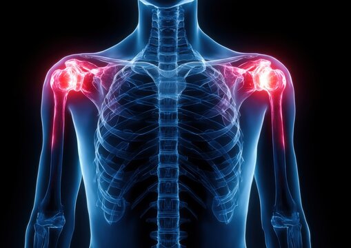 A 3D rendering shows a persons shoulder and arm with red lights