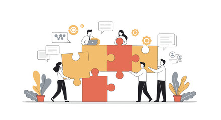 Poster - Collaborative teamwork concept with puzzle pieces and business strategy in a modern office setting