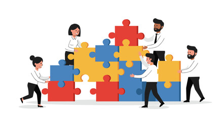 Poster - Teamwork concept with diverse colleagues building a puzzle together