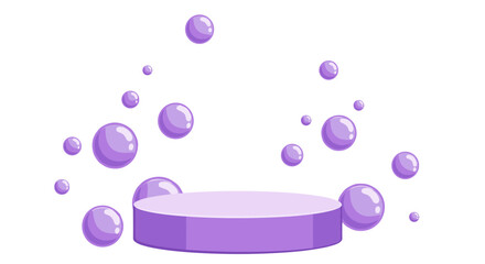 Poster - Floating purple bubbles with circular pedestal on white background in 3d style