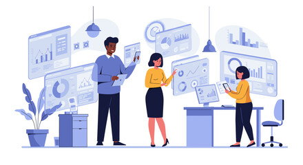 Poster - Collaborative office environment with diverse team analyzing digital data and charts