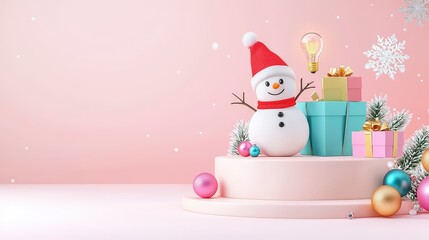 Poster - Whimsical mezzotint 3D illustration of an abstract cream circular Merry Christmas podium background with a charming snowman and bright light bulb accent. Minimalist studio showroom display