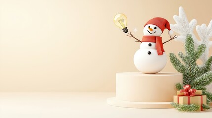 Poster - Whimsical mezzotint 3D illustration of an abstract cream circular Merry Christmas podium background with a charming snowman and bright light bulb accent. Minimalist studio showroom display