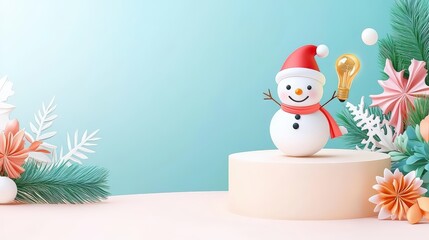 Poster - Whimsical mezzotint 3D illustration of an abstract cream circular Merry Christmas podium background with a charming snowman and bright light bulb accent. Minimalist studio showroom display