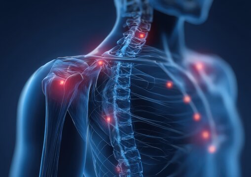 A 3D rendering shows a persons shoulder and arm with red lights