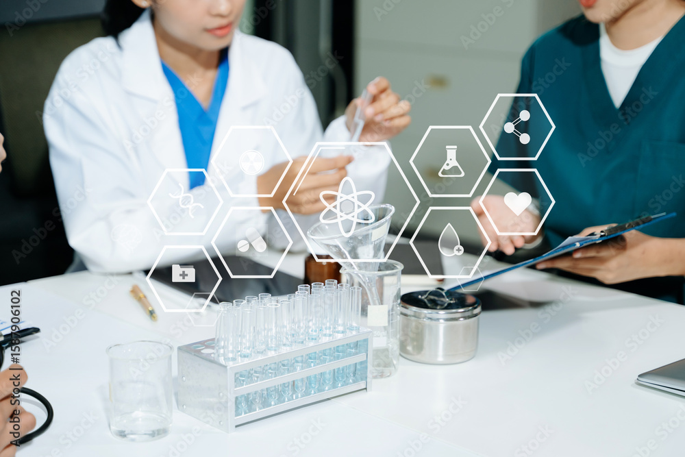 Medical scientists collaborate in a modern lab, using AI and digital ...