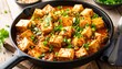 © Abrar - Traditional Chinese Food Mapo Tofu In Cast Iron Skillet With meat Chives Soy Sauce