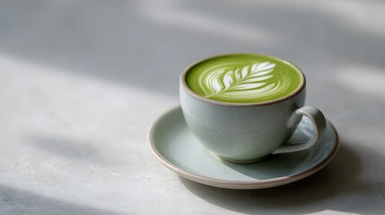 Poster - matcha latte art in minimal cafe setting, soft natural light
