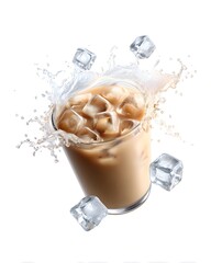 Poster - iced coffee floating mid-air with splash effect, isolated on white