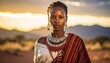 © meka - Serene portrait of a Maasai woman under a golden African sunset backdrop