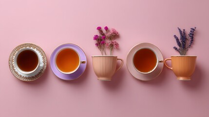 Poster - flat lay of various tea cups with herbs, honey and flowers