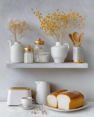 Poster - cozy cafe shelf with pastries, coffee equipment, and dried flowers