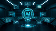 © O-CAP - Futuristic AI agent hologram managing automated workflows with interactive data dashboards