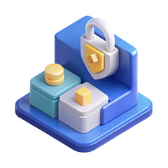 Poster - 3D Isometric Data Security Icon with Padlock and Boxes on a Blue Background for Website and App Design, Featuring a Clean and Modern Aesthetic