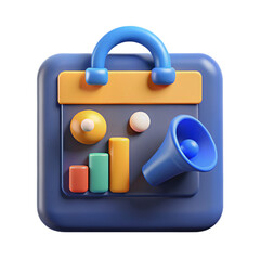 Poster - 3D Render of Business Analytics Dashboard with Bar Graphs, Megaphone, and Spheres, Ideal for Marketing Strategy and Data Visualization