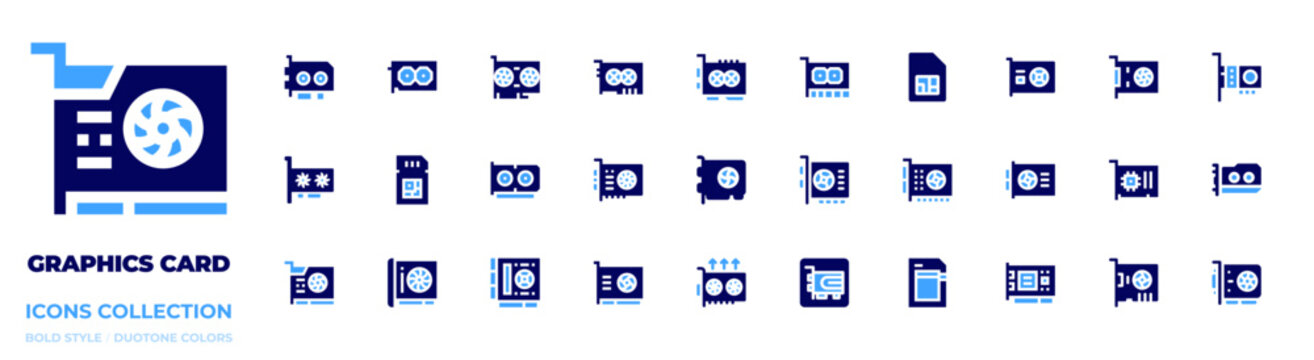 Graphics card icon collection. Bold style. Duotone colors. graphic card, sim card, vga card, graphics card, memory card, video card, computer, gpu, vga