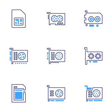 Graphics card icon set. Bold line style. Duotone colors. Editable stroke. sim card, graphic card, graphics card, memory card, video card, computer
