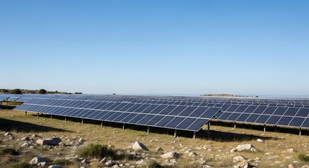 Expansive Solar Panel Array Under Clear Blue Sky, Renewable Energy Concept