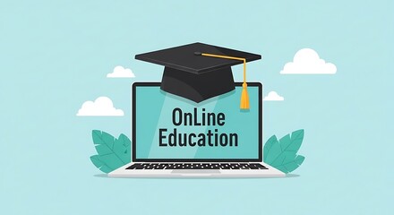Modern online education concept with graduation cap and laptop illustration