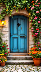  Charming stone villa entrance with blue door, vibrant flowers, and warm sunlight.
