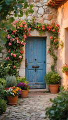  Charming stone villa entrance with blue door, vibrant flowers, and warm sunlight.
