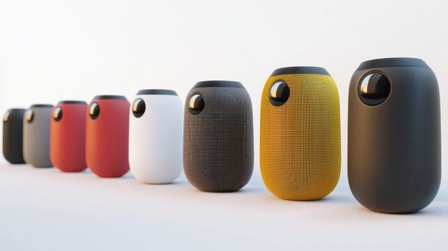 3D rendering of bluetooth speakers in lineup on white