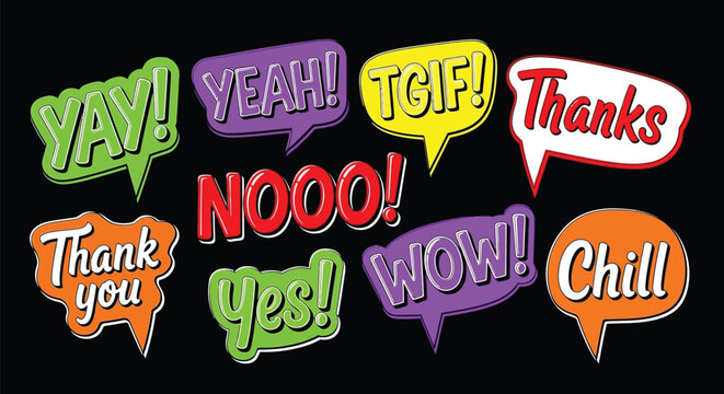 Colorful speech bubbles showing popular expressions and slang text on black backdrop