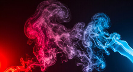Poster - Abstract swirling smoke in vibrant contrasting colors of red and blue creating a dynamic and ethereal visual effect against a dark background