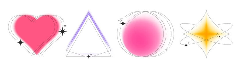 Poster - Geometric border shapes with colorful blur aura effects - red heart, purple triangle, pink circle and star with soft gradient and outlines with sparkles for trendy y2k design frames decoration.