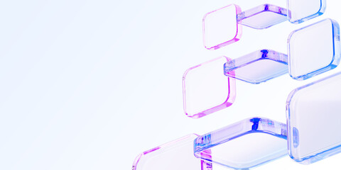 Poster - 3d glass holographic transparent square plate shapes on abstract light blue background. Crystal geometric cube block pattern with pink purple gradient. Futuristic digital tech banner. 3D illustration