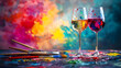 © john - art and wine night banner with paintbrushes wine glasses and creative splashes of color ready to advertise summer sip and paint deals,