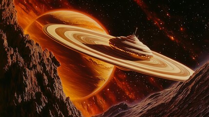 Wall Mural - a spaceship approaching a massive planet with a glowing ring system, set against the dark void of sp