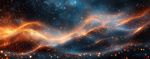 Poster - Abstract glowing waves of blue and orange cosmic particle clouds