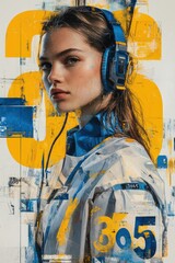 Poster - Stylized portrait of a woman with headphones and abstract numerals