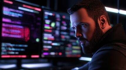 Intense focus of a cybersecurity expert analyzing data on multiple screens in a dark room
