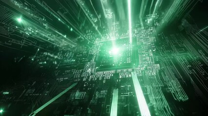 Poster - Intricate digital circuit board illuminated by vibrant green light rays showcasing advanced technology