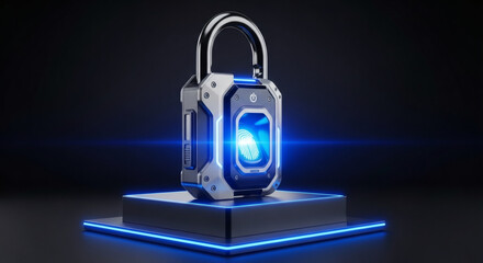 Poster - Futuristic padlock with fingerprint recognition system for data protection