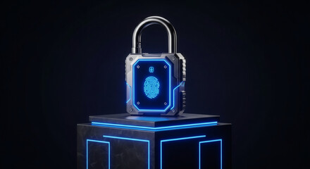Poster - Futuristic padlock with fingerprint scanner for data protection and security