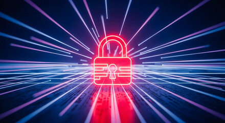 Poster - Cybersecurity concept, a glowing red padlock with digital background and lines