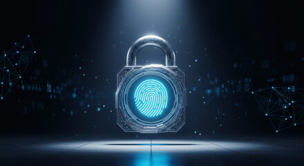 Poster - Futuristic digital padlock with fingerprint scan for data protection