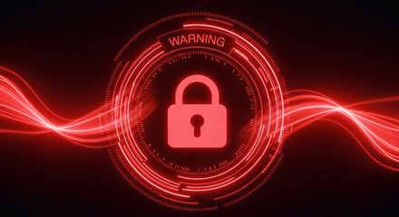 Poster - Cybersecurity warning with padlock symbol, digital protection with red lines