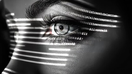 Poster - Futuristic digital interface scanning female eyes in urban setting, Futuristic digital interface scanning female eyes