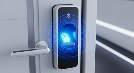 Poster - Modern fingerprint door lock unlocking, advanced security system for home automation
