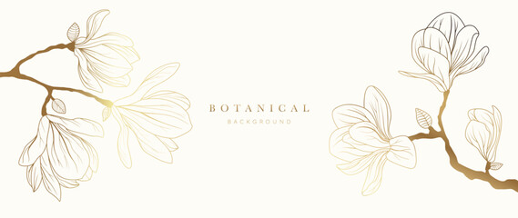 Wall Mural - Gold Flower hand drawn on white background vector. Natural botanical elegant magnolia floral with line art. Luxury illustration for decoration, wall decor, wallpaper, cover, banner, package, card.
