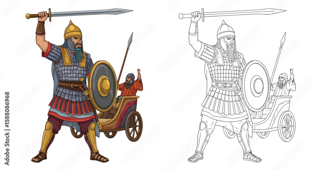 Vector de Stock Assyrian Warrior Coloring Page with Detailed Colored ...
