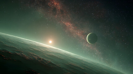 Wall Mural - Two Planets in a Starry Green Galaxy with a Distant Star