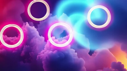 Fototapete - Vibrant neon circles shine brightly among colorful clouds in a dreamlike atmosphere, Neon circles in colorful clouds with vibrant lights