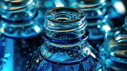 Poster - Collection of blue liquid bottles with distinct shapes and textures in a close-up view, Bottle Of Blue Liquid Poured Multiple Versions